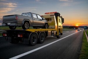 pickup truck on tow truck after crash