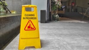 cleaning in progress sign at a museum