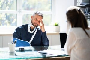 injured worker talking to lawyer