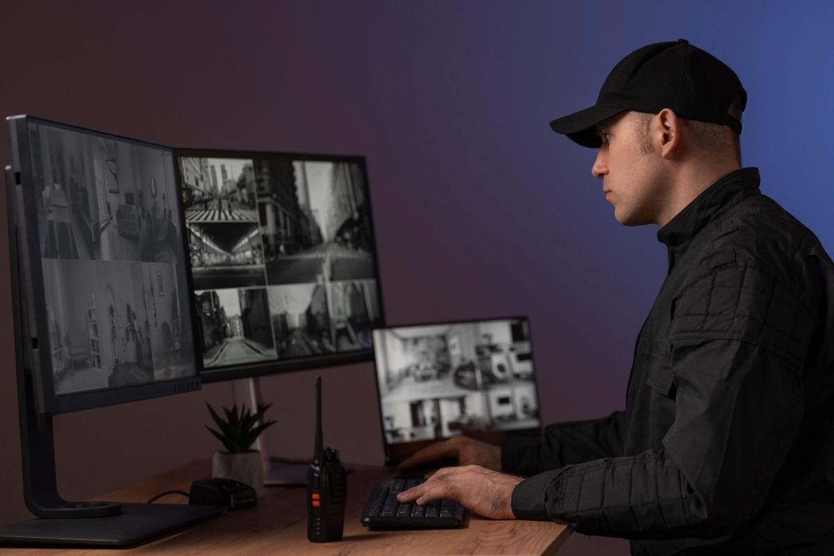 A man looking at multiple screens with footage from security cameras.